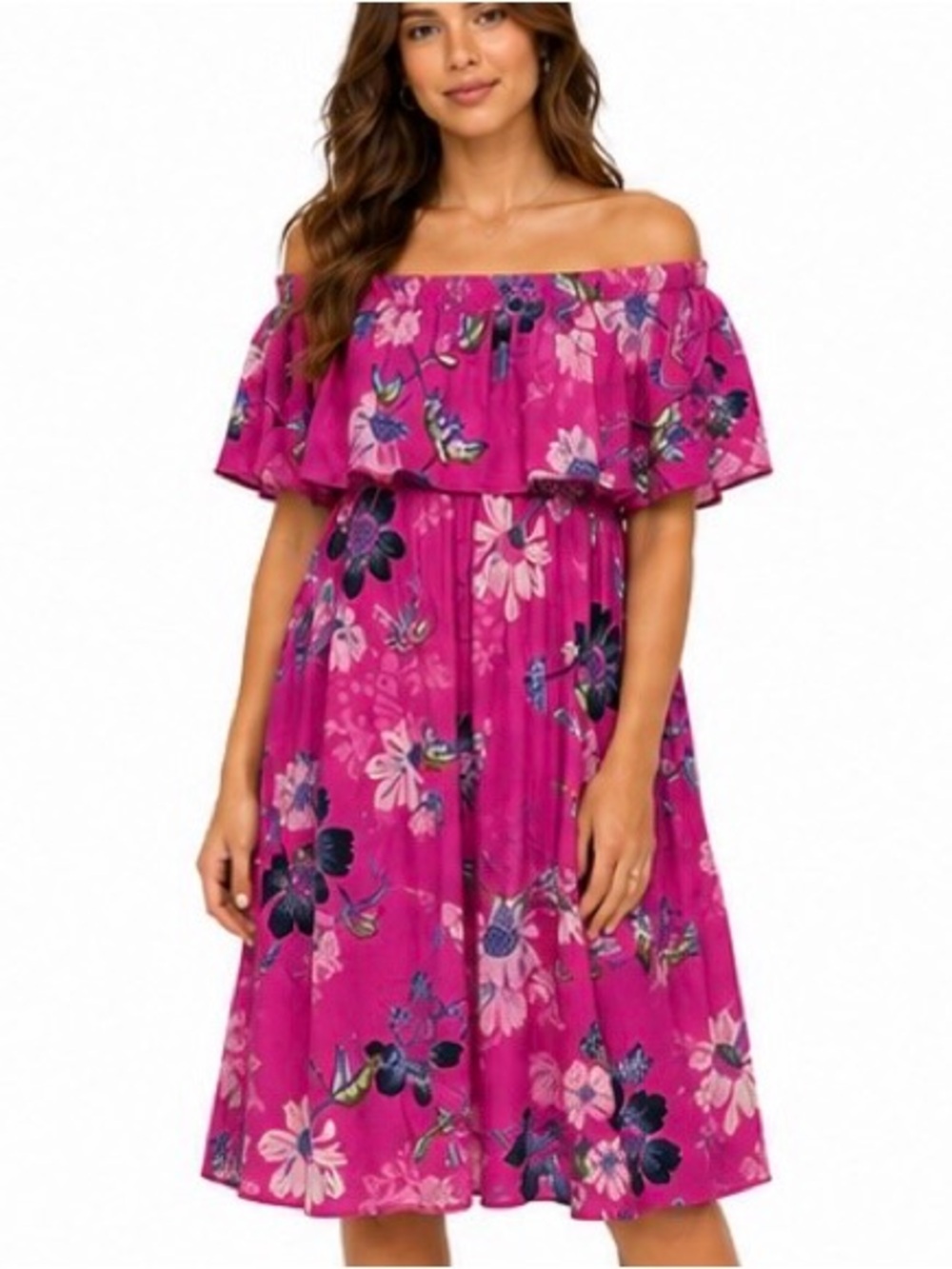 Rachel Roy Off Shoulder Floral Dress Pink Blue Ruffle Size Medium